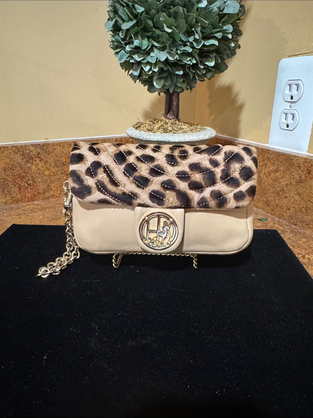henri bendel Tan Leather Fold-Over Clutch with Leopard Print Trim